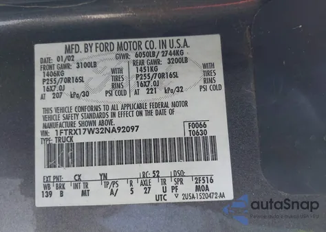 2002 Ford F-150 Lariat/Xl/Xlt из США, поврежденный, VIN 1FTRX17W32NA92097